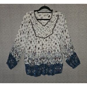 Style & Co Peasant Blouse Women's Medium Boho Print Shirt Long Sleeve Flowy Top